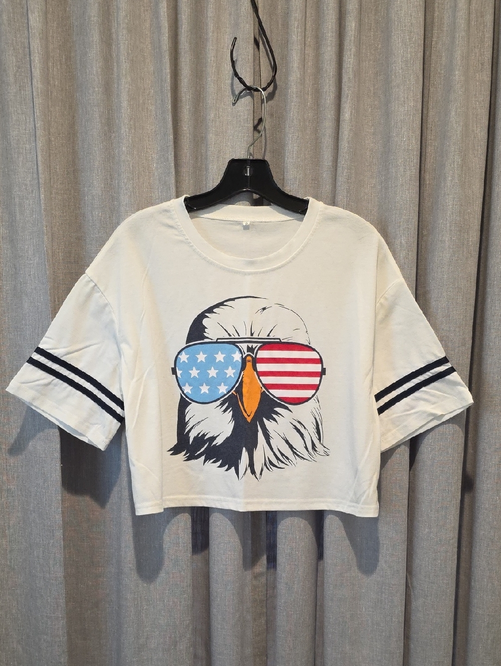 Amazon White Cropped Tee with Eagle Graphic and Flag Sunglasses